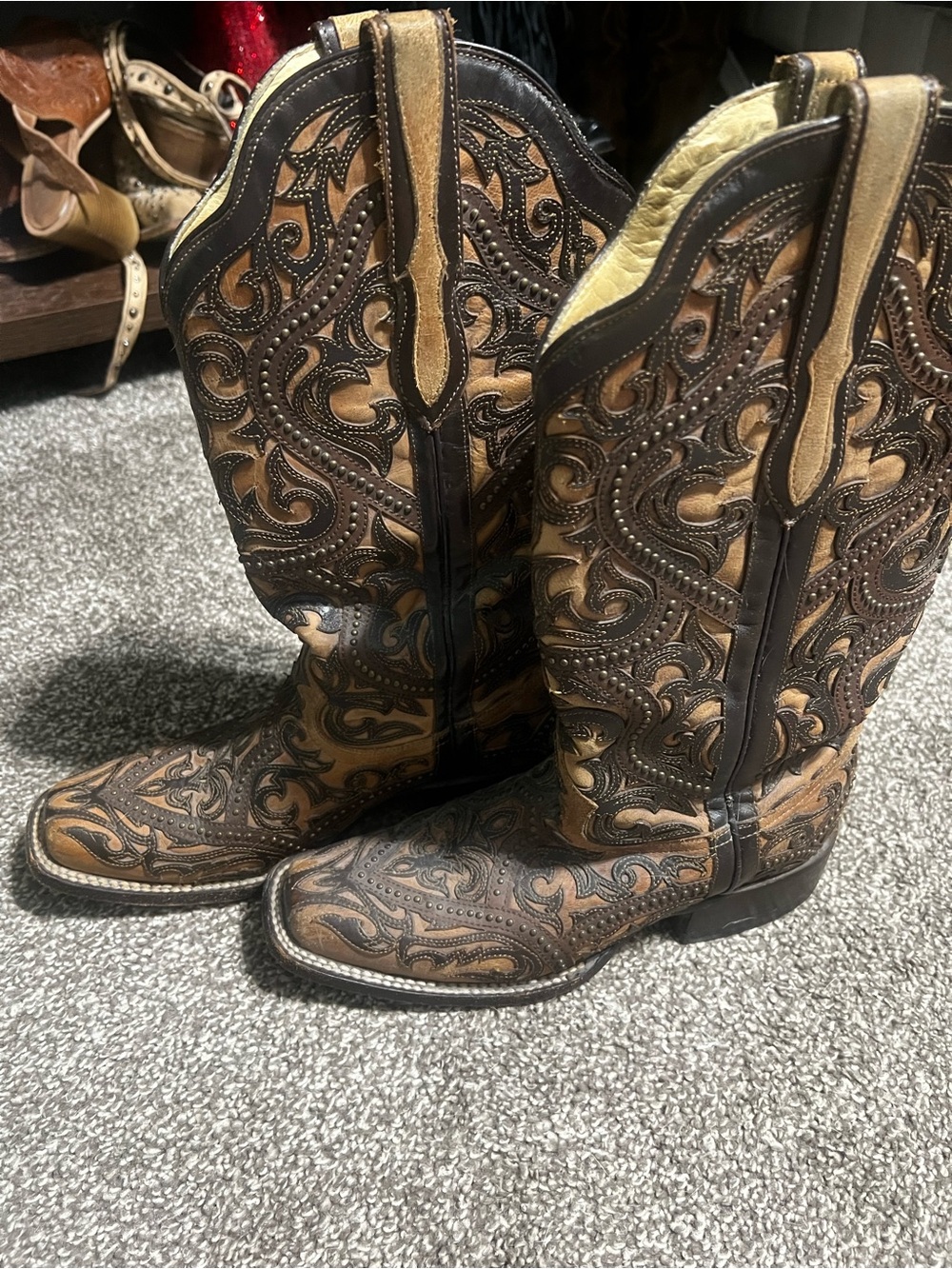 Intricate Brown Leather Western Heeled Boots
